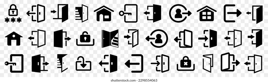 Login and exit icons symbol collection. Set of black login and exit icons