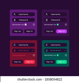Login fields UI elements kit. Confirm entering. Registration section isolated vector icon, bar and dashboard template. Web design widget collection for mobile application with dark theme interface