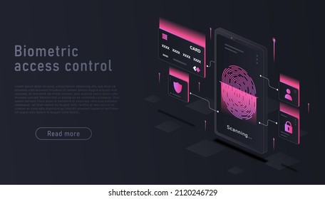 Iniciar sesión con huella digital. Tecnologías y métodos modernos de autenticación de usuarios. Verificación de identidad, seguridad y protección de datos personales. El servicio es cómodo. Isometric vector ilustración