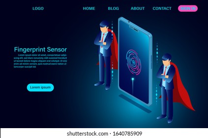 Login fingerprint sensor on screen phone. data security. Vector illustration in 3d isometric style