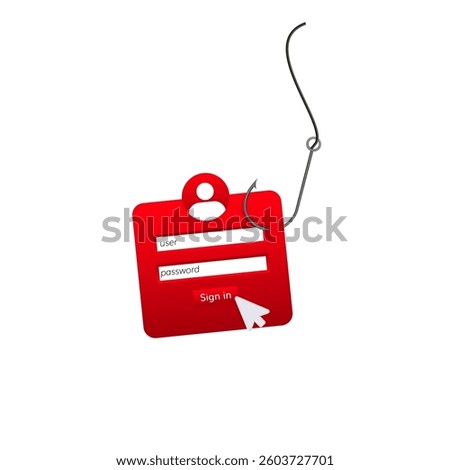 Login form caught on a hook representing phishing, indicating cybersecurity risks and threats.