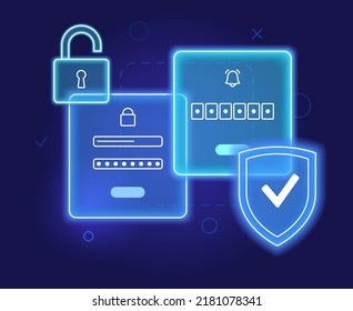 Login form concept. One time password for entering. Personal data protection on computer or smartphone. Username and password page in neon graphic style flat vector illustration.