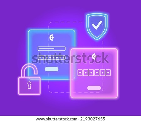 Login form concept. One time password for entering. Personal data protection on computer or smartphone. Username and password page in neon graphic style flat vector illustration.