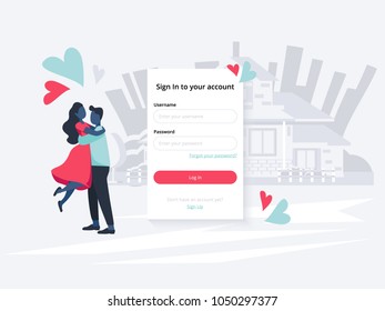 Login form for dating web site or mobile application with flat couple in love near their home. Vector illustration