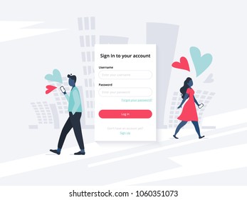 Login form for dating web site or mobile application with flat lonely people walking in the city. Vector illustration