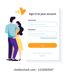 Login form for dating web site or mobile application with couple in love. Isolated vector illustration in flat style