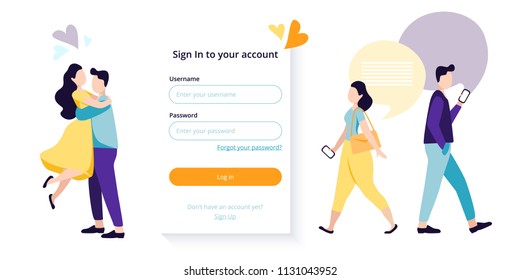 Login form for dating web site or mobile application with flat lonely people using smartphones in the street and couple in love. Isolated vector illustration  in flat style