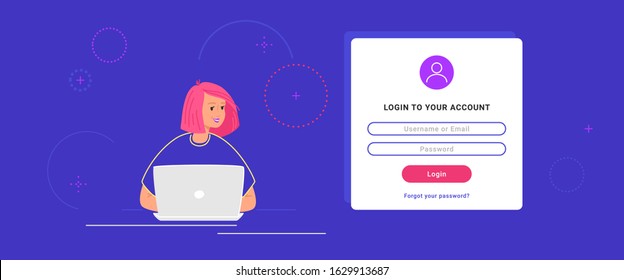 Login Form And Information Security To Social Media And Personal Accounts. Flat Teenage Woman Using Laptop To Login To Her Account. Password Authentication Form Template Design On Blue Background