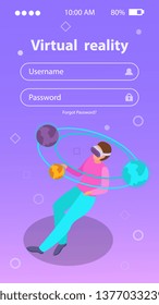 Login form isometric background with person wearing augmented reality goggles 3d vector illustration