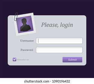 Login form menu with avatar place. Website element for your web design