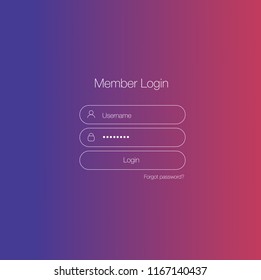 Login form menu with simple line icons. Dark gradient background. Website element for your web design.