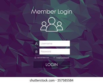 Login form menu with simple line icons. Low poly background. Website element for your web design. Eps10 vector illustration.