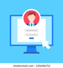 Login form on computer screen. Credentials, password page, registration, account sign in concepts. Modern flat design. Vector illustration