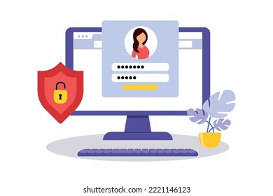 Login Form On Computer Screen. User Authorization, Sign In To Account, Authentication Page. Login And Password Form Page. Secure Login And Password. Vector Illustration