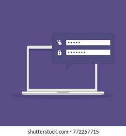 Login form on a laptop. Color of the Year 2018. Ultra Violet. Vector illustration