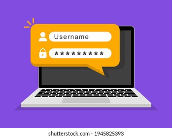 Login form on laptop screen. Laptop with login and password page. Online registration. Sign in to account. Username and password fields. User authorization. Vector illustration.