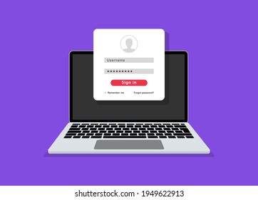 Login form on laptop screen with login and password page. Username and password fields. Online registration. Sign in to account. User authorization. Vector illustration.