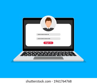 Login form on laptop screen. Laptop with login and password page. Username and password fields. Online registration. Sign in to account. Vector illustration.