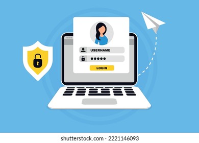 Login Form On Laptop Screen. User Authorization, Sign In To Account, Authentication Page. Login And Password Form Page. Secure Login And Password. Vector Illustration