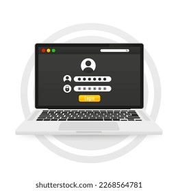 Formulario de inicio de sesión en la pantalla del portátil con página de inicio de sesión y contraseña. Campos de nombre de usuario y contraseña. Formulario de inicio de sesión de laptop. Iniciar sesión en la cuenta. Autorización de usuario. Ilustración del vector