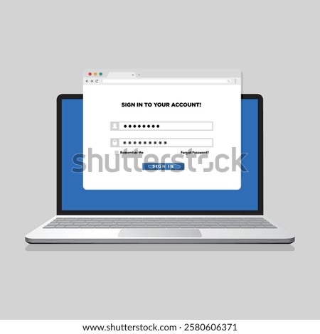 Login form on laptop screen. Laptop with login and password page. Username and password fields. User authorization on web browser window on computer.