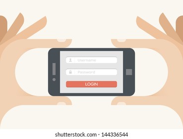 Login form on the screen of mobile phone in human hands. Idea - Site access, Security concepts. Enjoy!