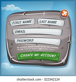 Login Form On Stone Panel For Ui Game/
Illustration of a funny cartoon design ui game registration form, on stony and rock panel, for terms of services and policy agreement on tablet pc, with blue sky