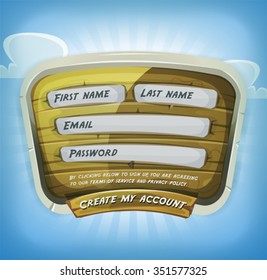 Login Form On Wood Panel For Game Ui/
Illustration of a funny cartoon design ui app or game login form, on wood panel, for terms of services and policy agreement on tablet pc, with clouds and blue sky