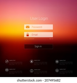 Login form page. with blurred background. Web site template, ui element.