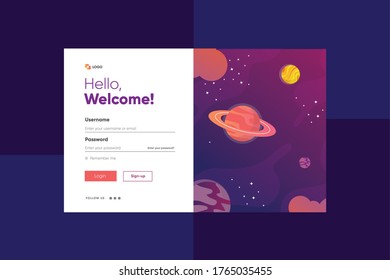 Login-Formular-Seite. mit einem Galaxien-Universum und Sternenhintergrund. Website-Vorlage, ui ux-Element, Vektorgrafik