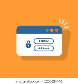Login form page with lock icon. Window browser with user authorization. Registration form. Vector illustration in flat style.