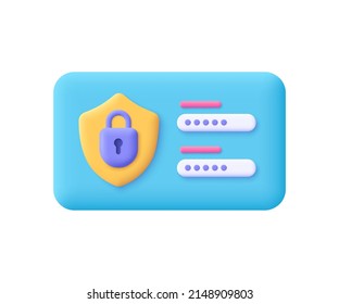 Login form page with lock and password. Safety verification, user authorization, web security concept. 3d vector icon. Cartoon minimal style.