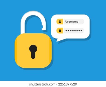 Login form page with lock and password. Authentication concept. Login and password form page with lock. User authorization. Username and password fields. Vector