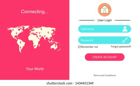 Login form page on modern background style for website ui elements with world map, online registration, smartphone mockups, app development, user profile, access to account concept. Vector 10 eps 