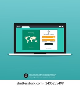 Login form page on modern laptop for website ui elements with world map, online registration for wifi user, website mockups, app development, user profile, access to account concept. Vector 10 eps 