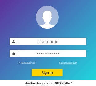 Login form page on modern background gradient style for website ui elements, online registration, smartphone mockups, app development, user profile, access to account concept. Vector 10 eps. 