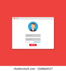 
Login form, login page open in a web browser window. Online registration form. Vector illustration in a flat style.