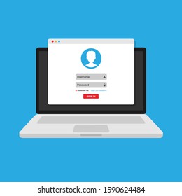 login form, the login page opens in a web browser window on the laptop screen. Online registration form. Stock vector illustration in flat style.10 eps.
