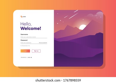 Login form page. with scene of sun rise mountain comet stars background purple gradient. Web site template, ui ux element, vector illustration