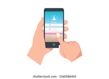 Login form page template with phone for app development, smartphone mockups, website ui elements, online login form, registration, user profile, access to account. Vector 10 eps