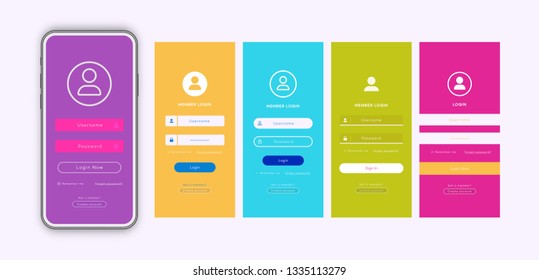 Login form page template set with trendy flat color background for app development, smartphone mockups, website ui elements, online login form, registration, user profile, access to account. Vector
