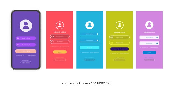 Login form page vector set with trendy flat color background for app development, smartphone mockups, website ui elements, online login form, registration, user profile, access to account. 10 eps