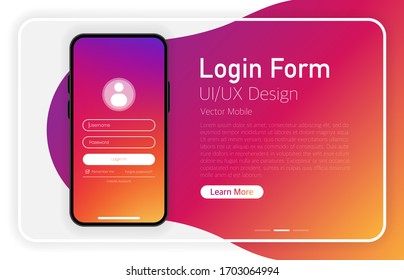 Login Form. Smartphone blank screen. Modern design. Device mockup. UI and UX design interface. Gradient background. Vector illustration.