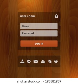 login form with unused icons on wood background. 
