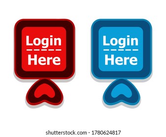 Login here register web button icon set. Signup sign red and blue color. Concept ui symbol for new enter to website account, mobile app, registration member to blog or online store. Modern flat vector
