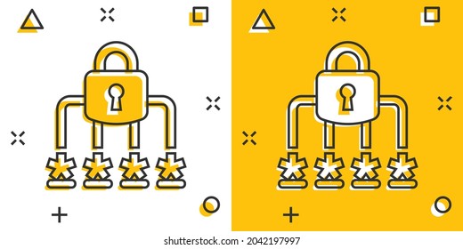 Login icon in comic style. Password access cartoon vector illustration on white isolated background. Padlock entry splash effect business concept.