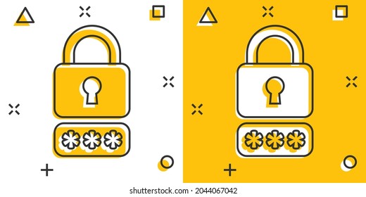 Login icon in comic style. Password access cartoon vector illustration on white isolated background. Padlock entry splash effect business concept.