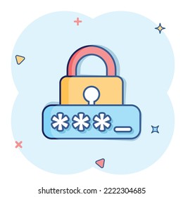 Login icon in comic style. Password access cartoon vector illustration on white isolated background. Padlock entry splash effect business concept.
