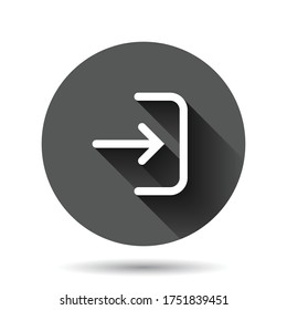 Login icon in flat style. Arrow access vector illustration on black round background with long shadow effect. Door entry circle button business concept.