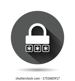 Login icon in flat style. Password access vector illustration on black round background with long shadow effect. Padlock entry circle button business concept.